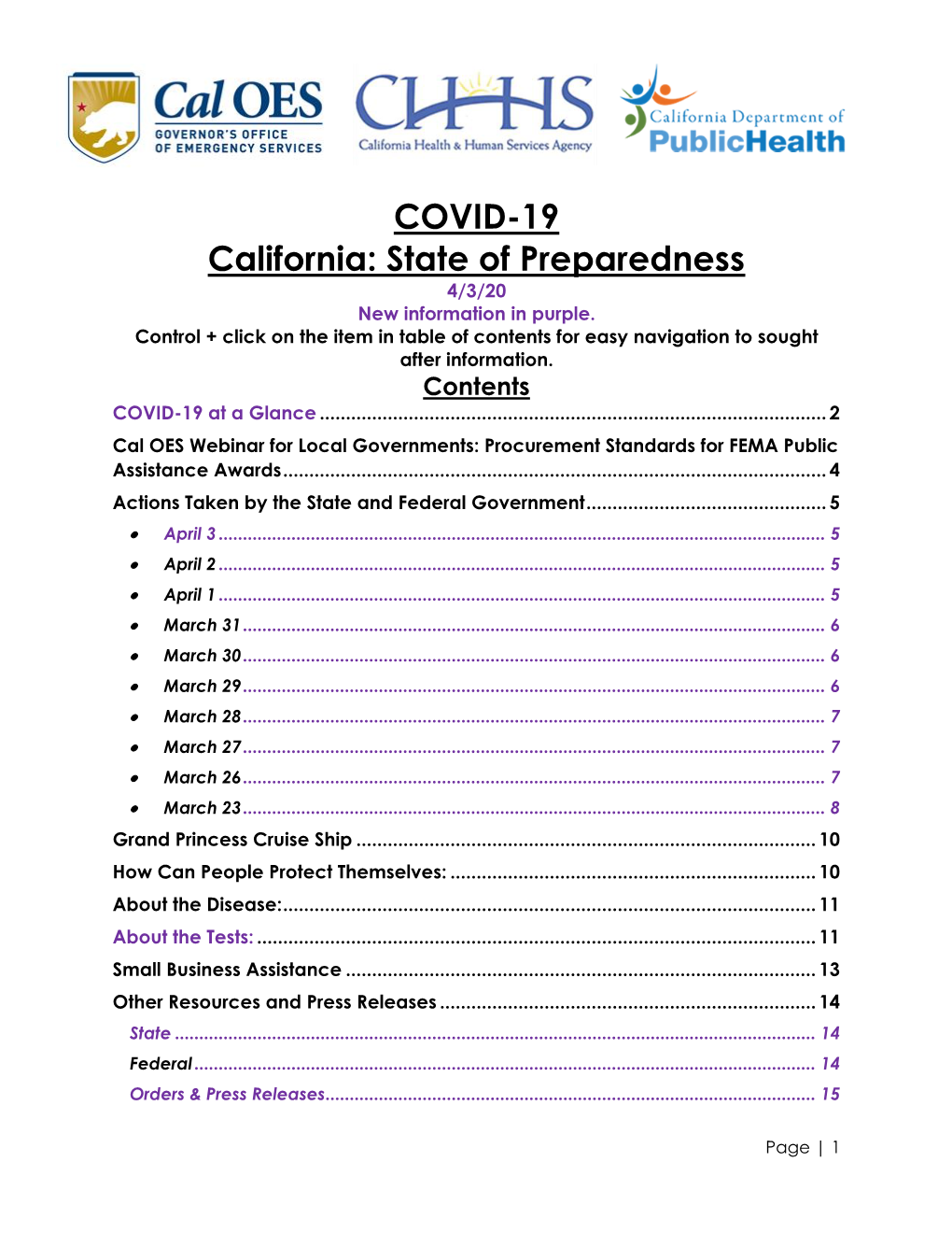 COVID-19 California: State of Preparedness 4/3/20 New Information in Purple