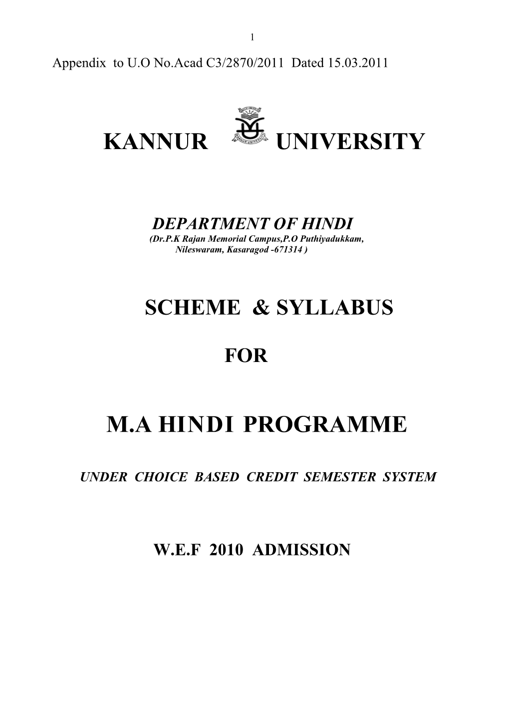 Kannur University M.A Hindi Programme