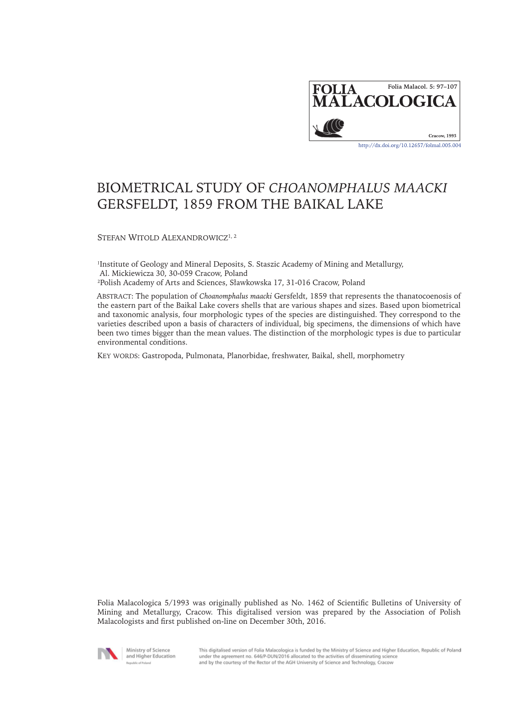 Biometrical Study of Choanomphalus Maacki Gersfeldt, 1859 from the Baikal Lake