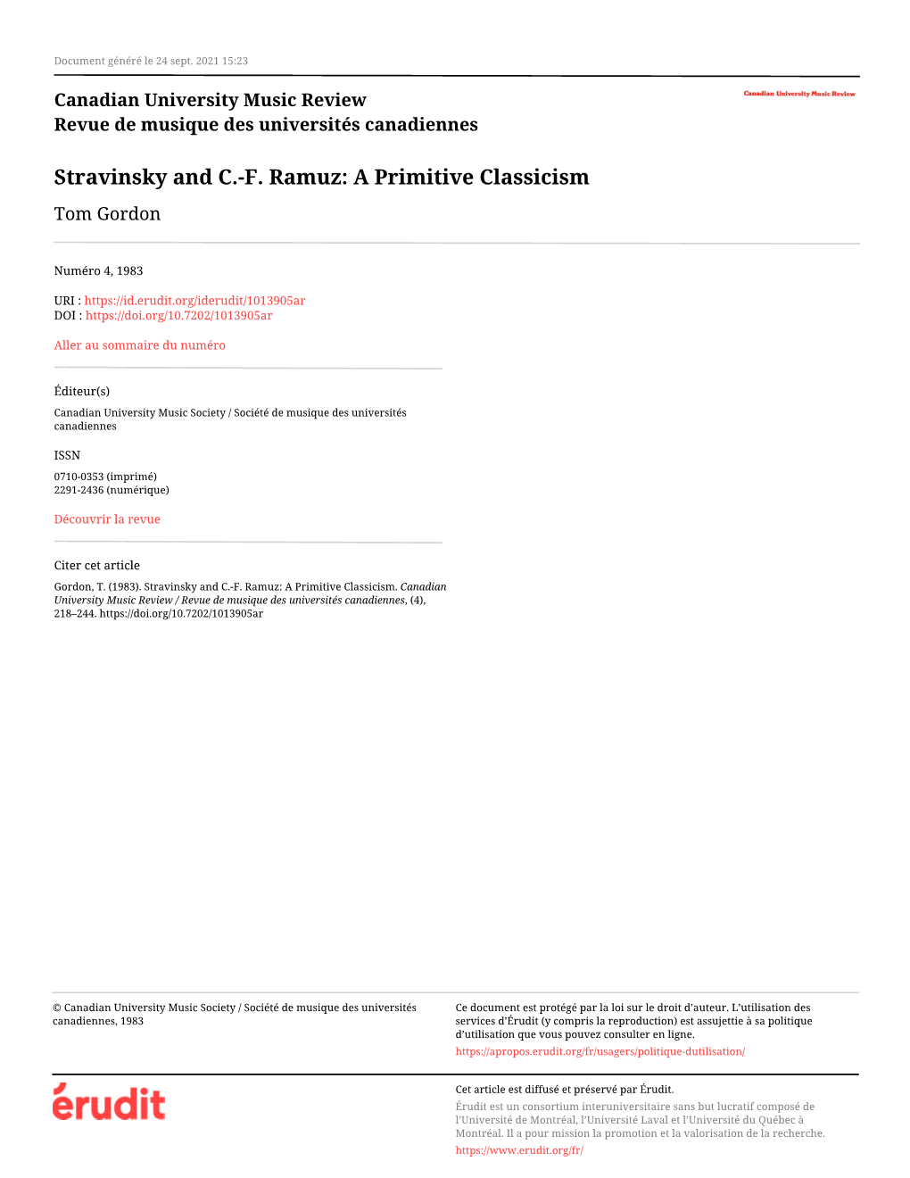 Stravinsky and C.-F. Ramuz: a Primitive Classicism Tom Gordon