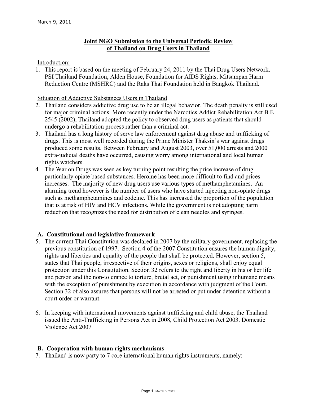 Joint NGO Submission to the Universal Periodic Review of Thailand on Drug Users in Thailand