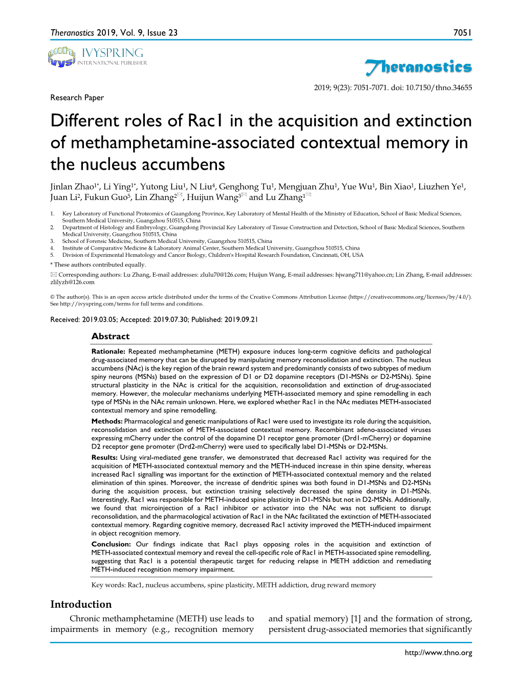 Theranostics Different Roles of Rac1 in the Acquisition and Extinction Of