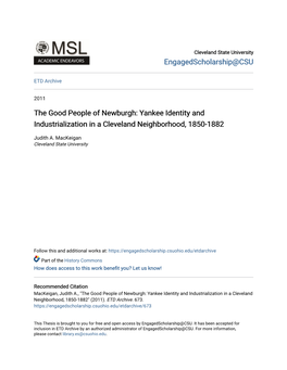 The Good People of Newburgh: Yankee Identity and Industrialization in a Cleveland Neighborhood, 1850-1882