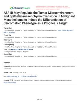ASF1B May Regulate the Tumor Microenvironment