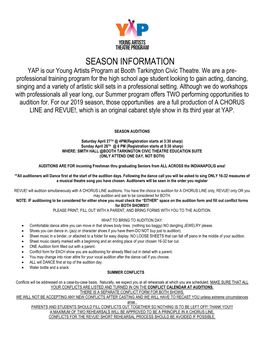 SEASON INFORMATION YAP Is Our Young Artists Program at Booth Tarkington Civic Theatre