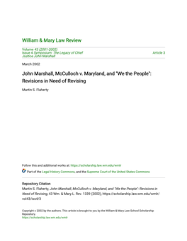 John Marshall, Mcculloch V. Maryland, and "We the People": Revisions in Need of Revising
