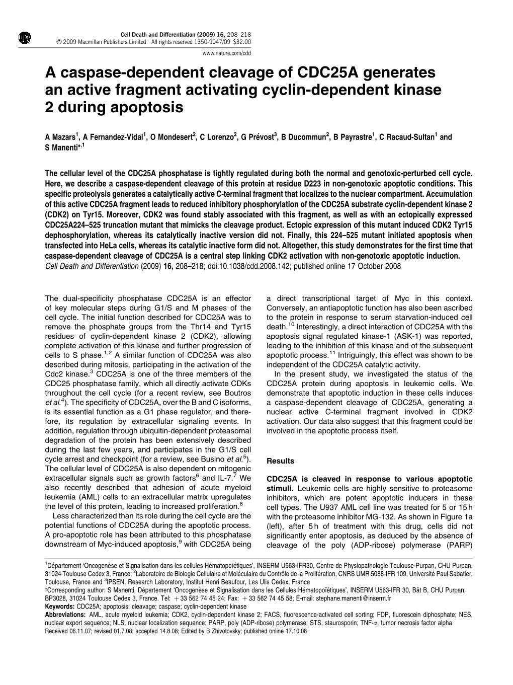 A Caspase-Dependent Cleavage of CDC25A Generates an Active Fragment Activating Cyclin-Dependent Kinase 2 During Apoptosis