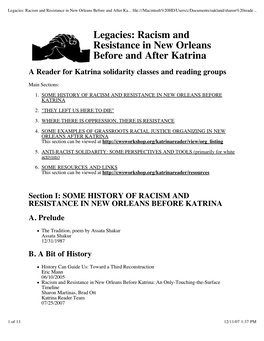 Legacies: Racism and Resistance in New Orleans Before and After Katrina a Reader for Katrina Solidarity Classes and Reading Groups