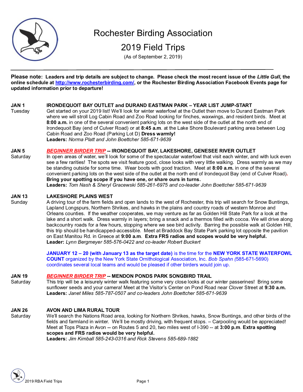 Rochester Birding Association 2019 Field Trips