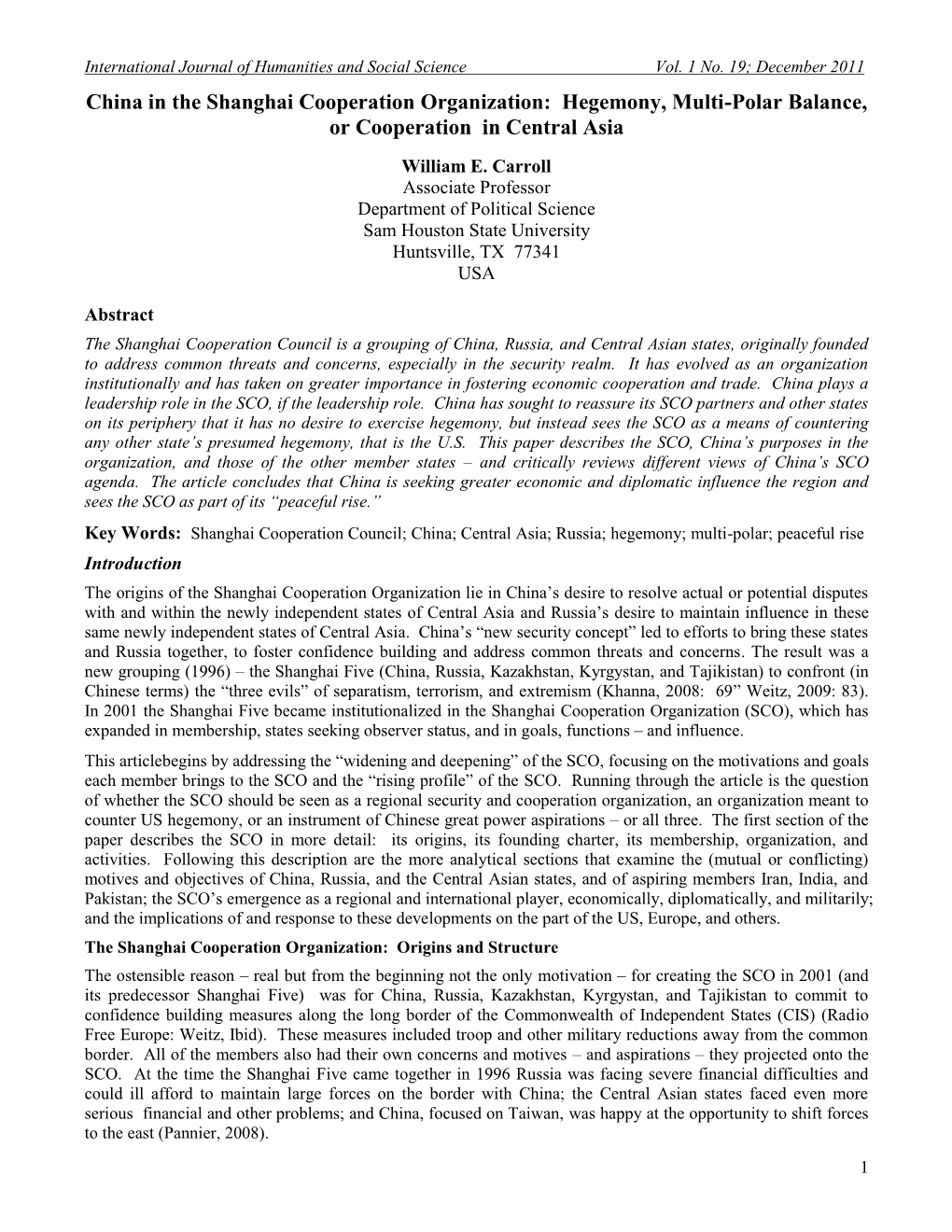 China in the Shanghai Cooperation Organization: Hegemony, Multi-Polar Balance, Or Cooperation in Central Asia