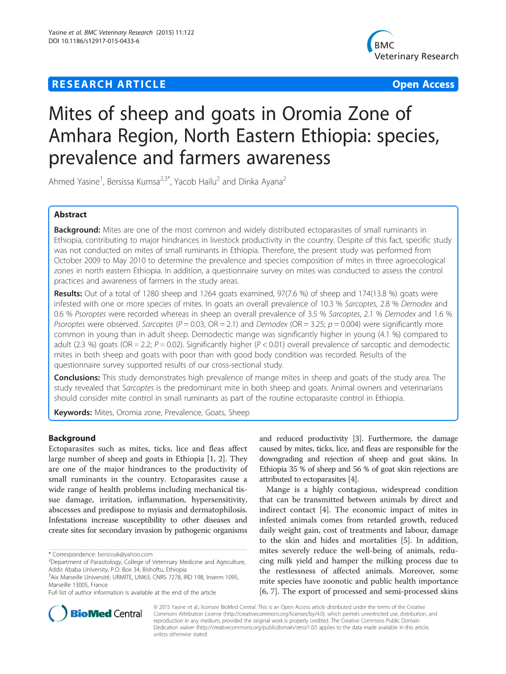 Mites of Sheep and Goats in Oromia Zone of Amhara Region, North