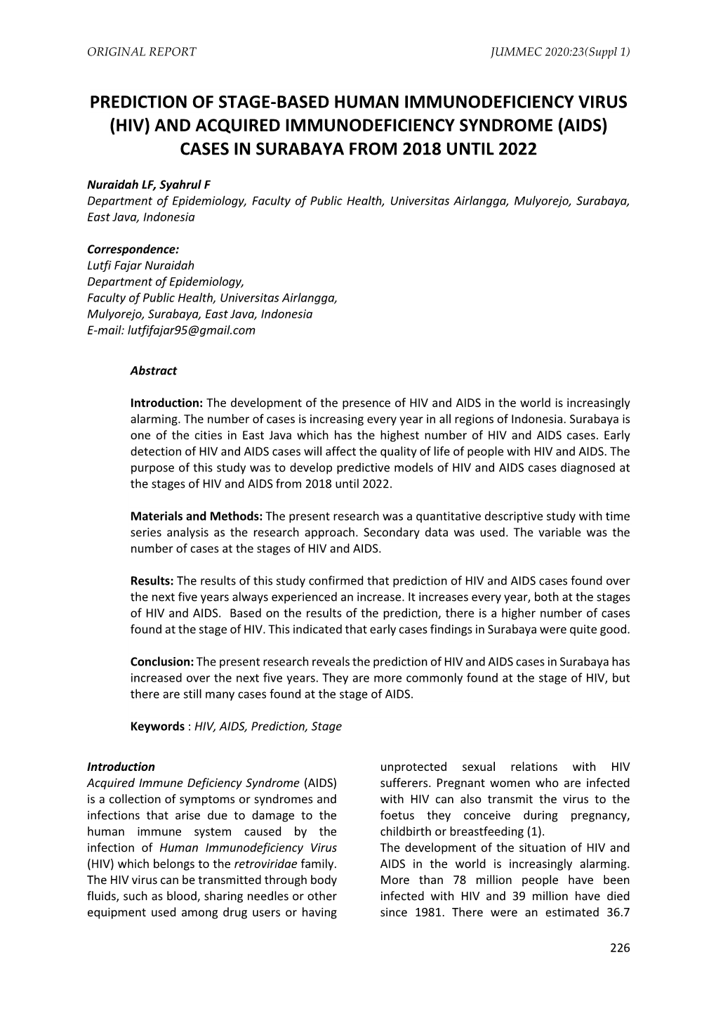 And Acquired Immunodeficiency Syndrome (Aids) Cases in Surabaya from 2018 Until 2022