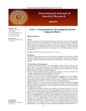 Veda Vs. Tetragrammaton: Decrypting the Greatest © 2017 IJSR Enigma in History Received: 08-11-2016 Accepted: 09-12-2016 Milorad Ivankovic