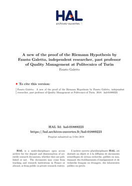 A New of the Proof of the Riemann Hypothesis by Fausto Galetto, Independent Researcher, Past Professor of Quality Management at Politecnico of Turin Fausto Galetto