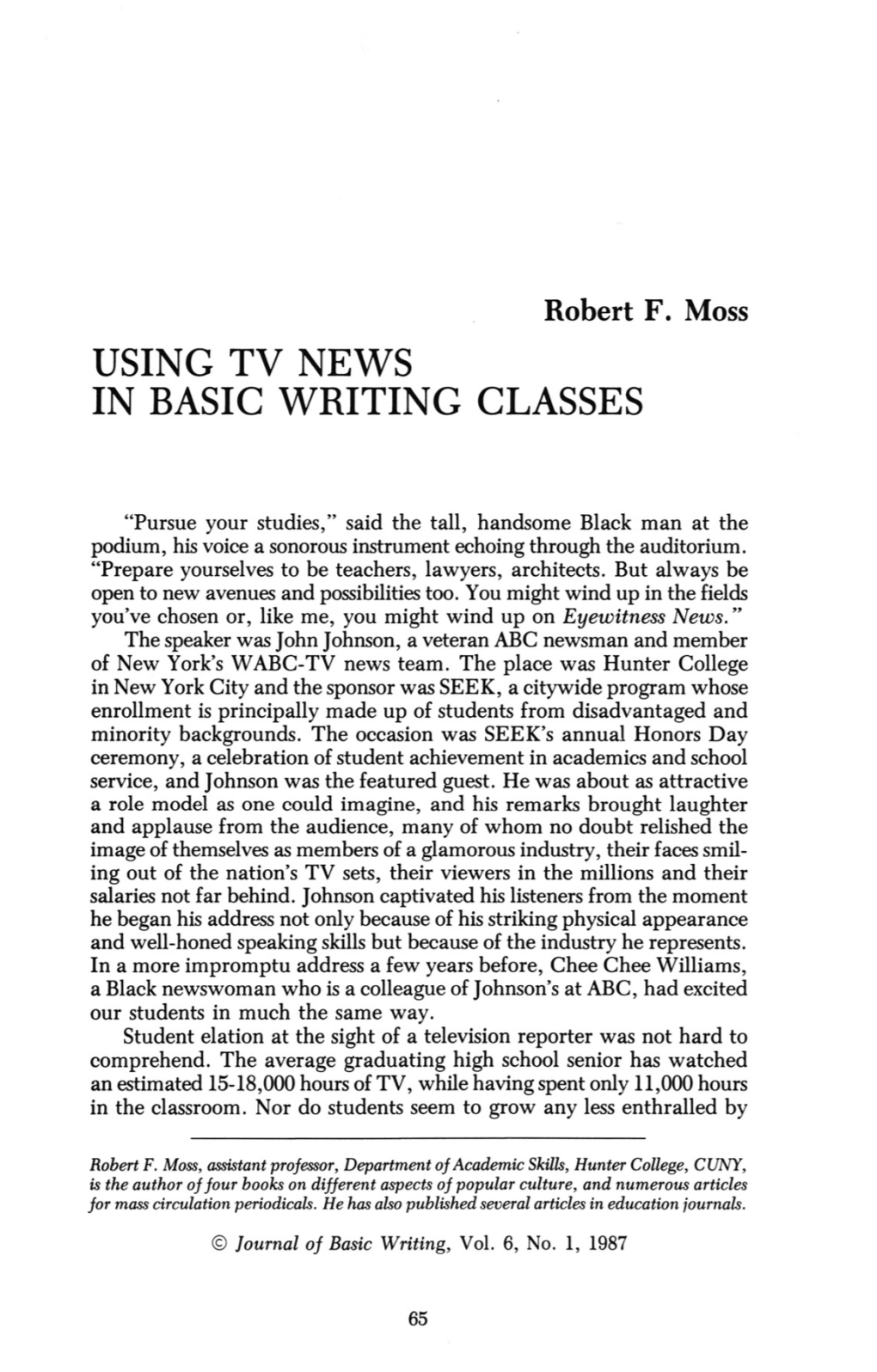 Using Tv News in Basic Writing Classes