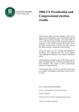 2004 US Presidential and Congressional Election Results