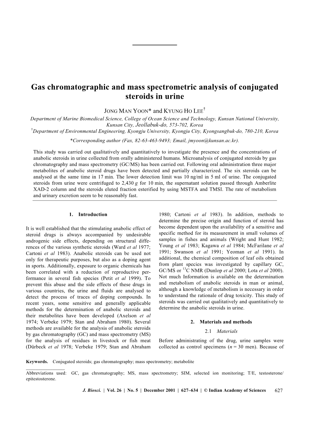 Gas Chromatographic and Mass Spectrometric Analysis of Conjugated Steroids in Urine