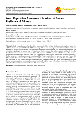 Weed Population Assessment in Wheat at Central Highlands of Ethiopia