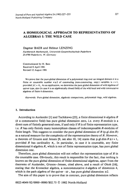 A HOMOLOGICAL APPROACH to REPRESENTATIONS of ALGEBRAS I: the WILD CASE Dagmar BAER and Helmut LENZING 1. Introduction According
