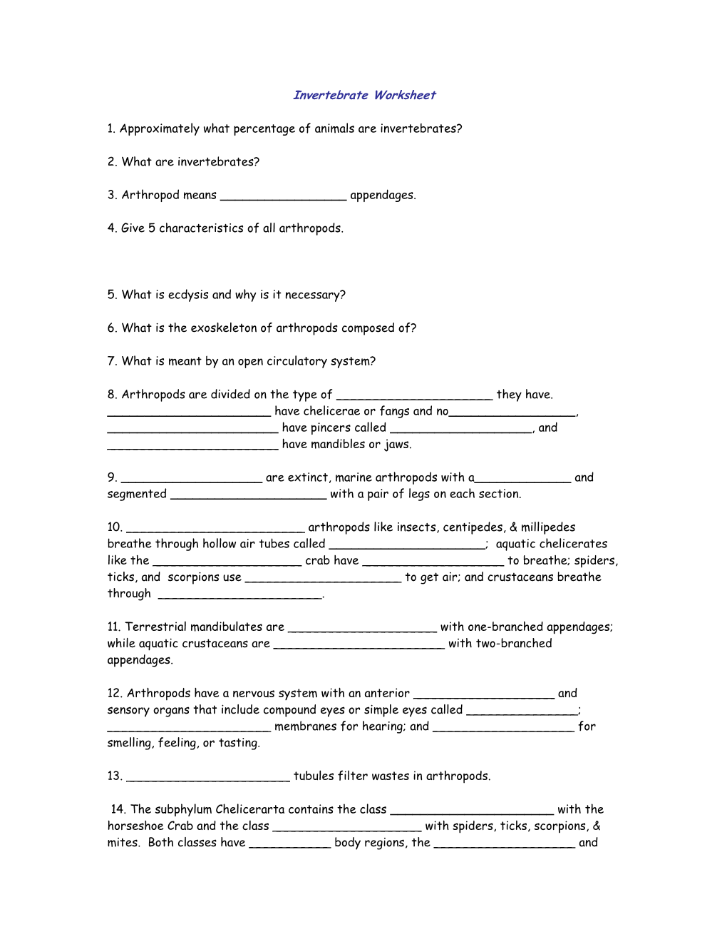 Invertebrate Worksheet