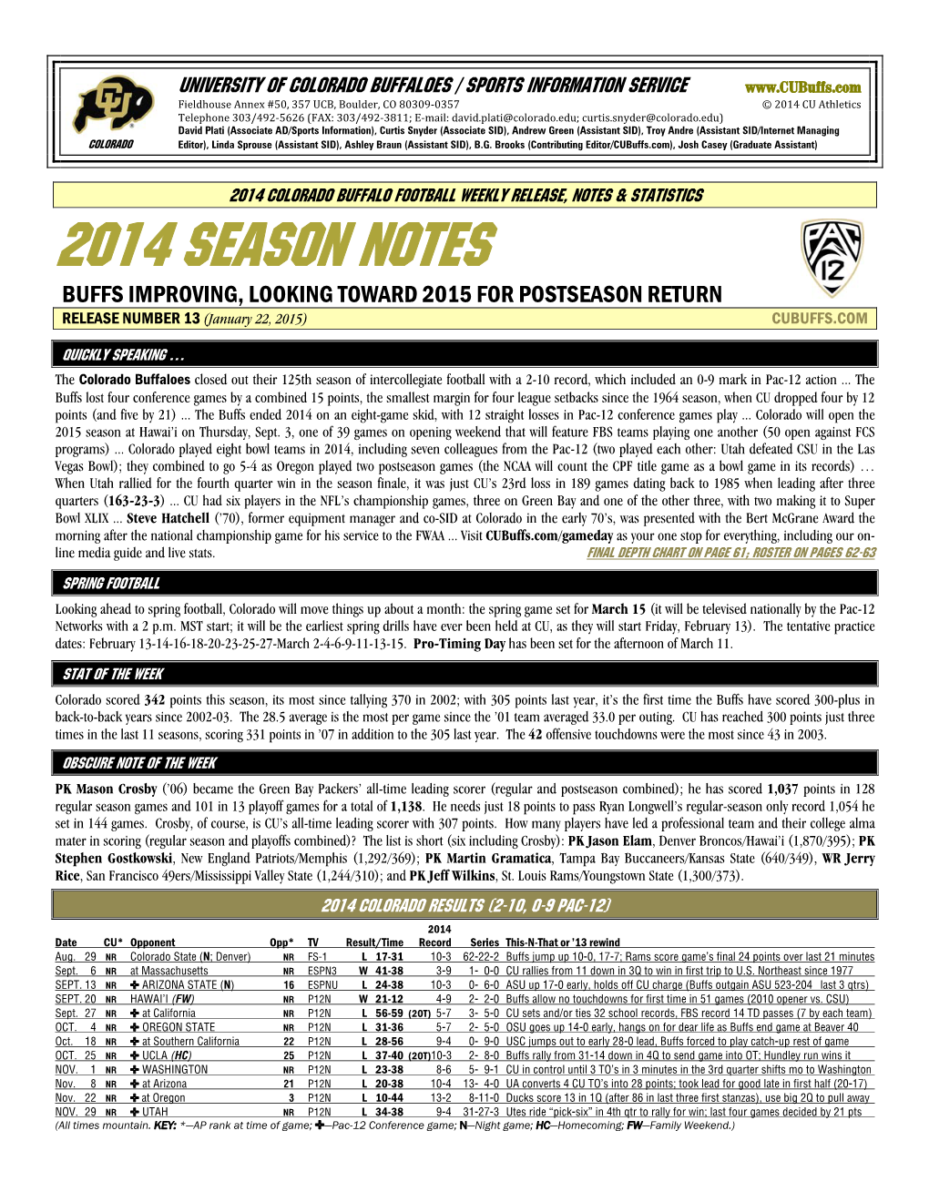 2014 SEASON NOTES BUFFS IMPROVING, LOOKING TOWARD 2015 for POSTSEASON RETURN RELEASE NUMBER 13 (January 22, 2015) CUBUFFS.COM