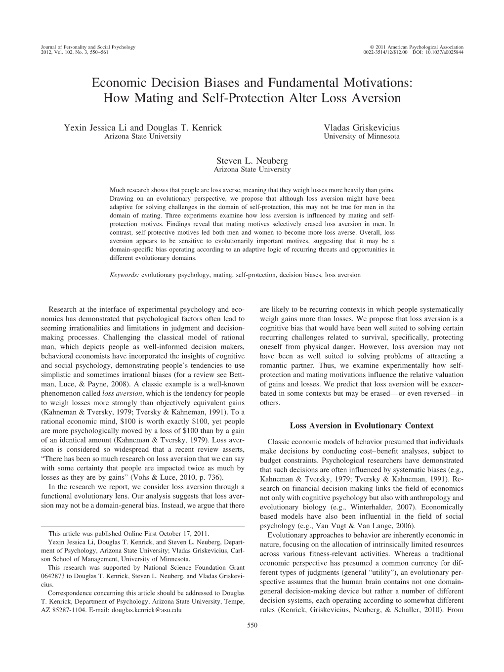 Economic Decision Biases and Fundamental Motivations: How Mating and Self-Protection Alter Loss Aversion