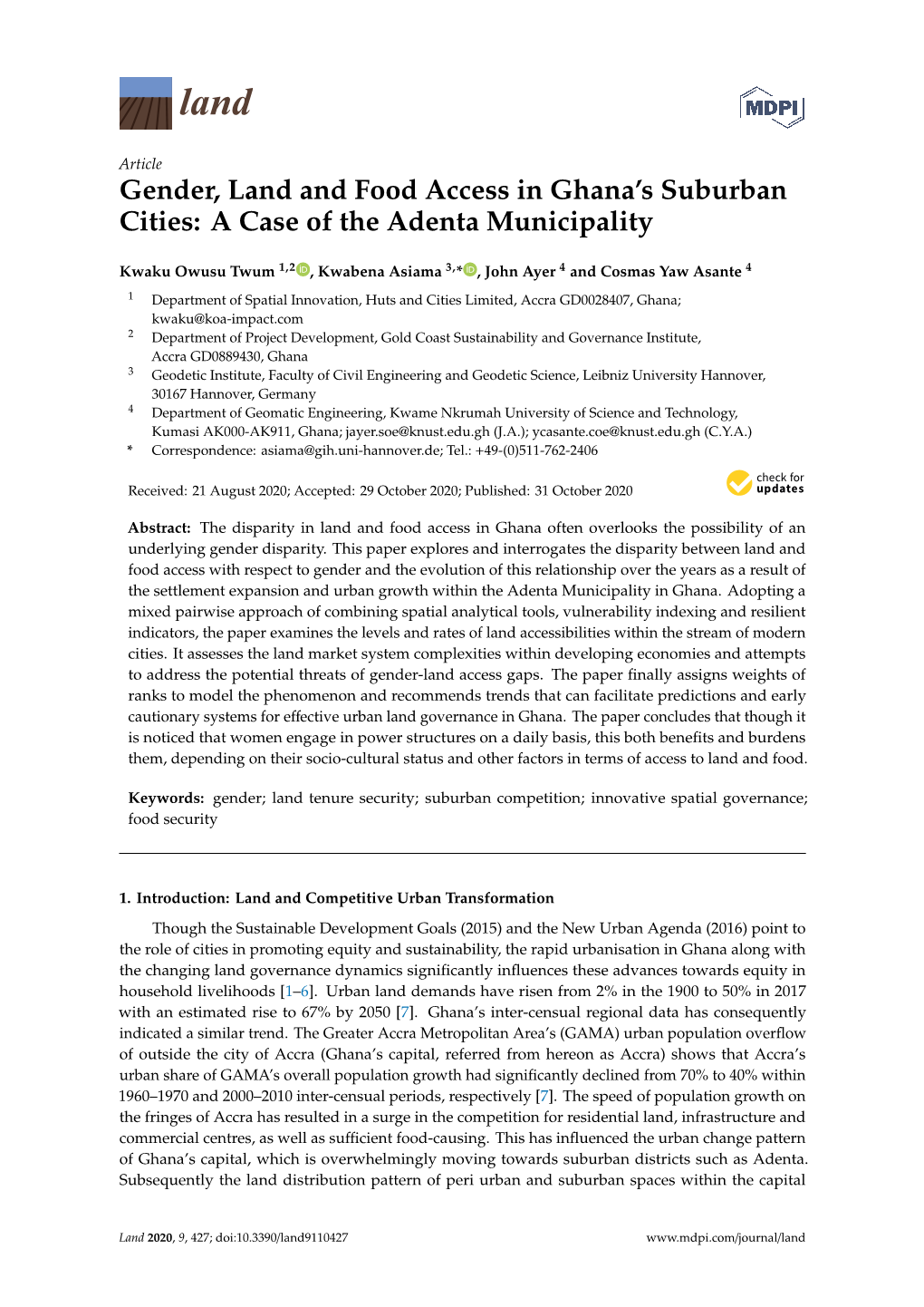 Gender, Land and Food Access in Ghana's Suburban Cities: a Case of the Adenta Municipality