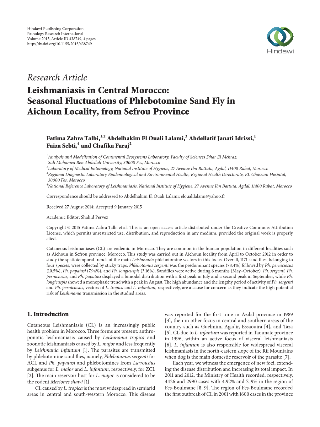 Leishmaniasis in Central Morocco: Seasonal Fluctuations of Phlebotomine Sand Fly in Aichoun Locality, from Sefrou Province