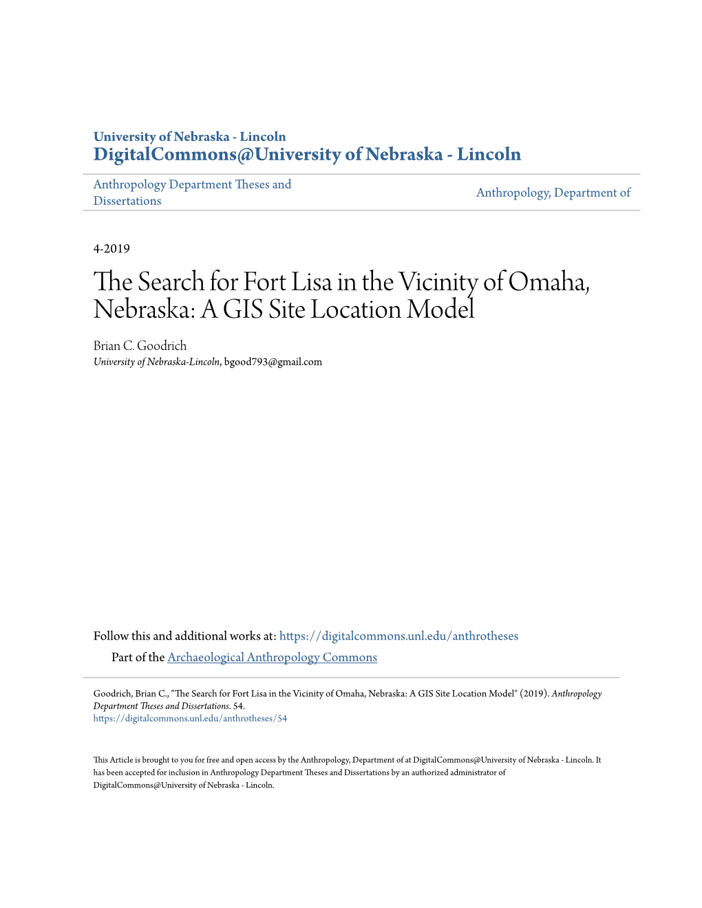 The Search for Fort Lisa in the Vicinity of Omaha, Nebraska: a Gis Site Location Model