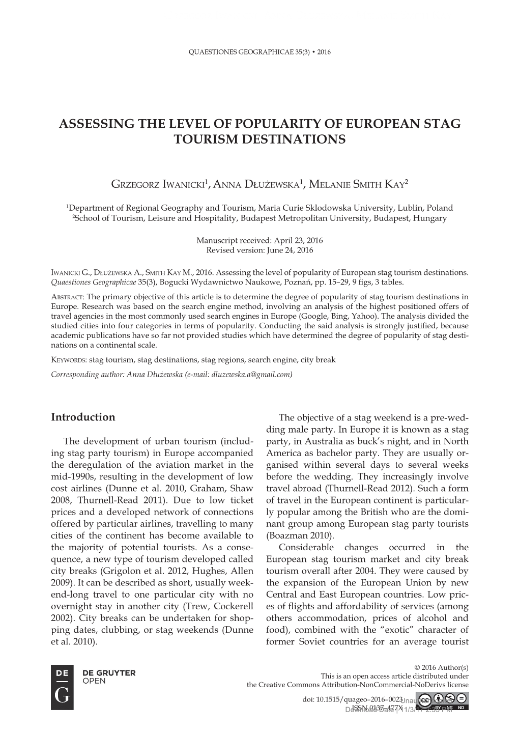 Assessing the Level of Popularity of European Stag Tourism Destinations