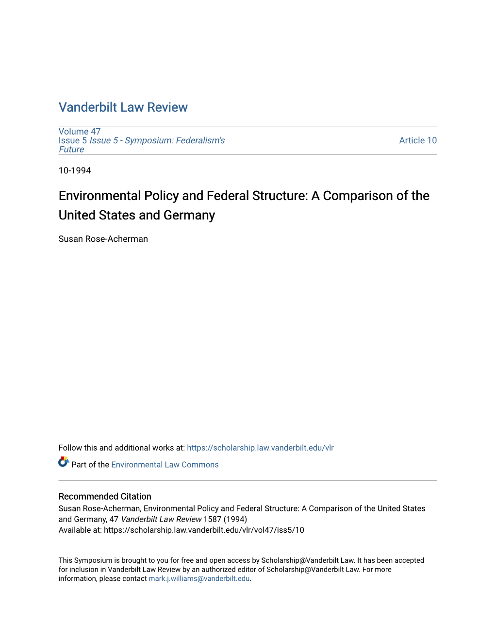 Environmental Policy and Federal Structure: a Comparison of the United States and Germany