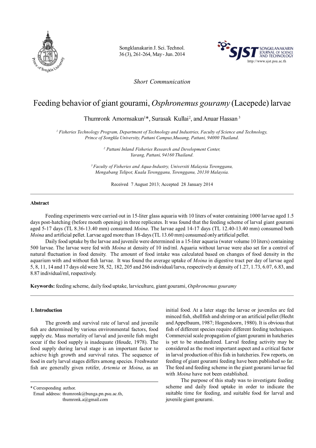 Feeding Behavior of Giant Gourami, Osphronemus Gouramy(Lacepede