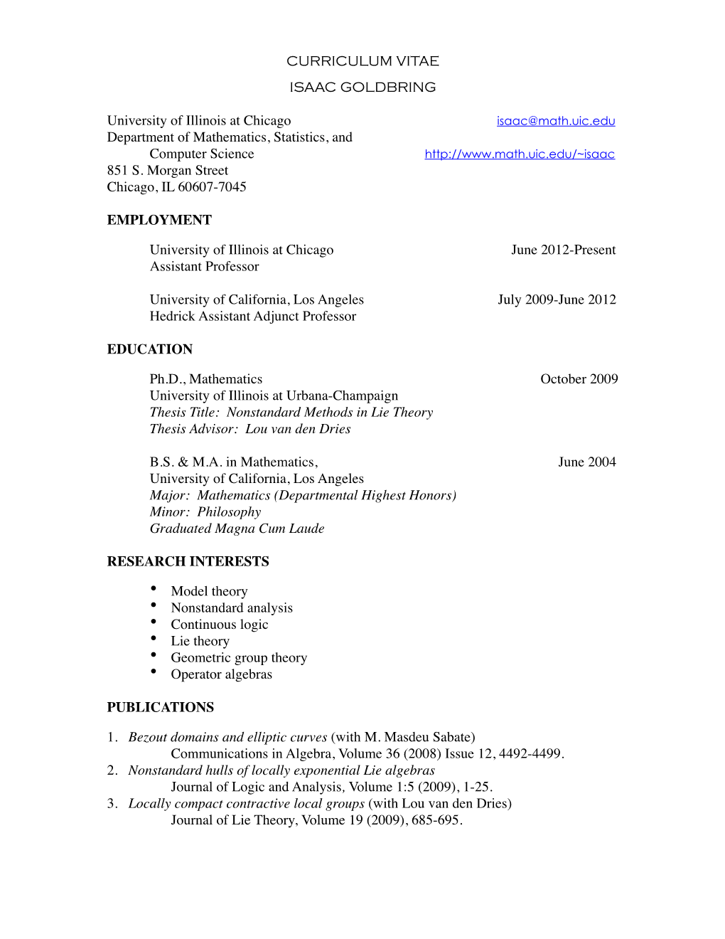 CURRICULUM VITAE ISAAC GOLDBRING University of Illinois At