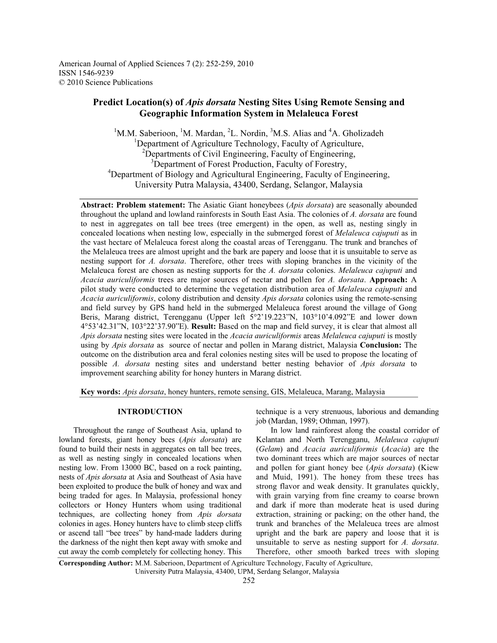 Of Apis Dorsata Nesting Sites Using Remote Sensing and Geographic Information System in Melaleuca Forest