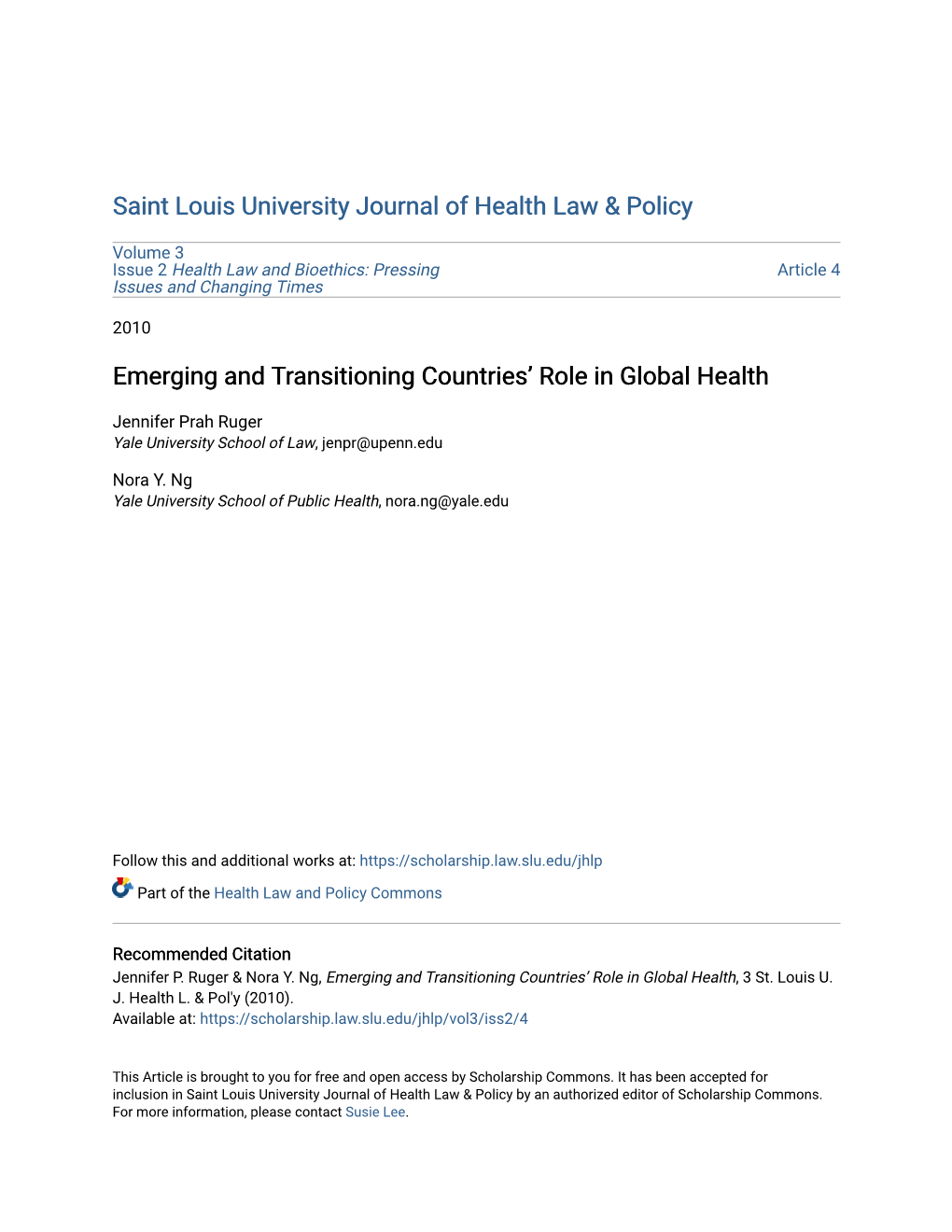 Emerging and Transitioning Countries' Role in Global Health