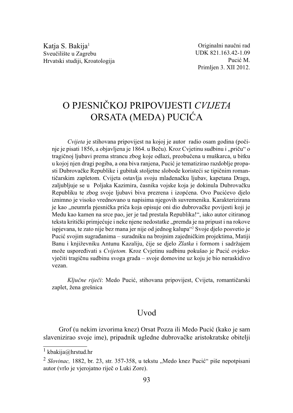 O Pjesničkoj Pripovijesti Cvijeta Orsata (Meda) Pucića