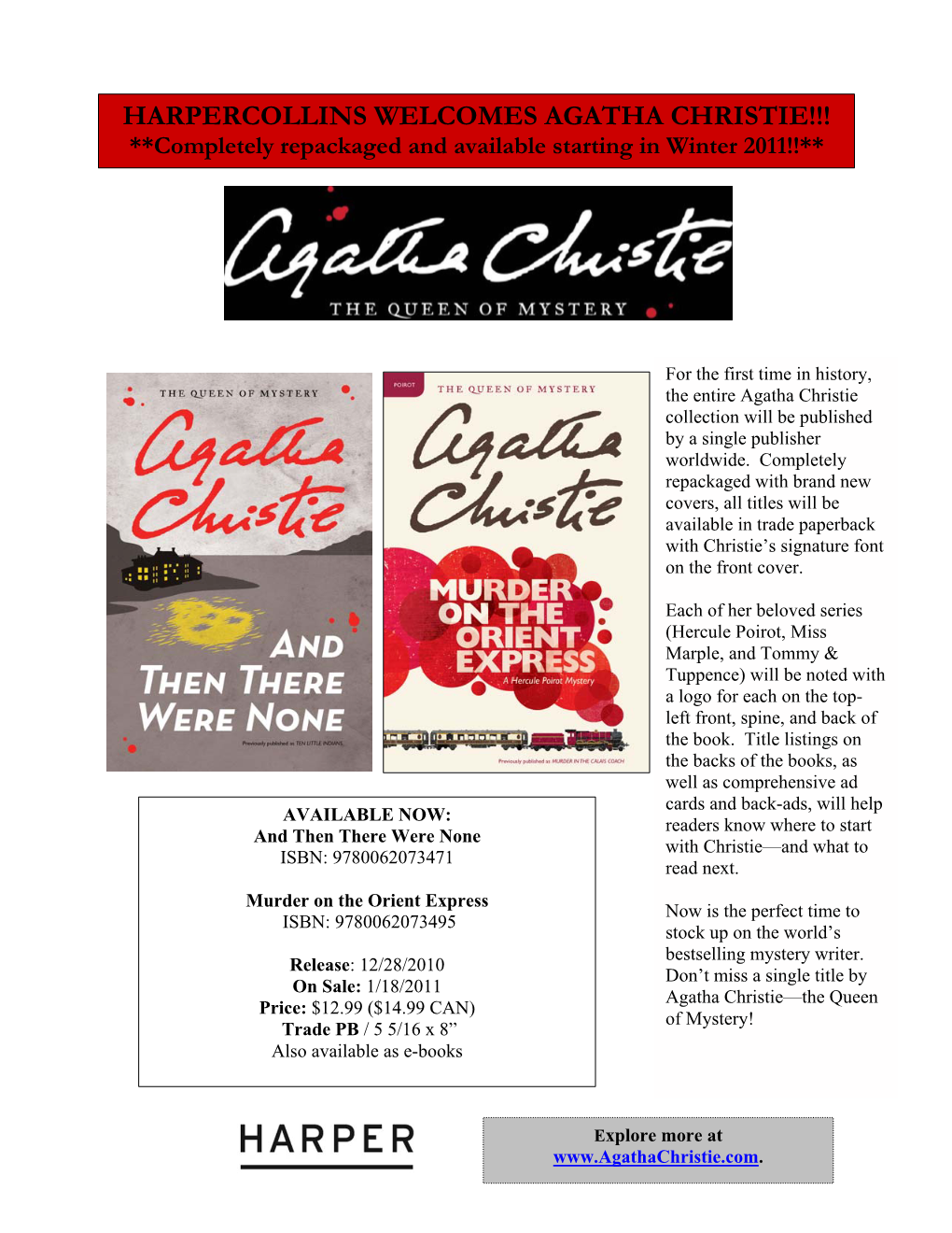 HARPERCOLLINS WELCOMES AGATHA CHRISTIE!!! **Completely Repackaged and Available Starting in Winter 2011!!**