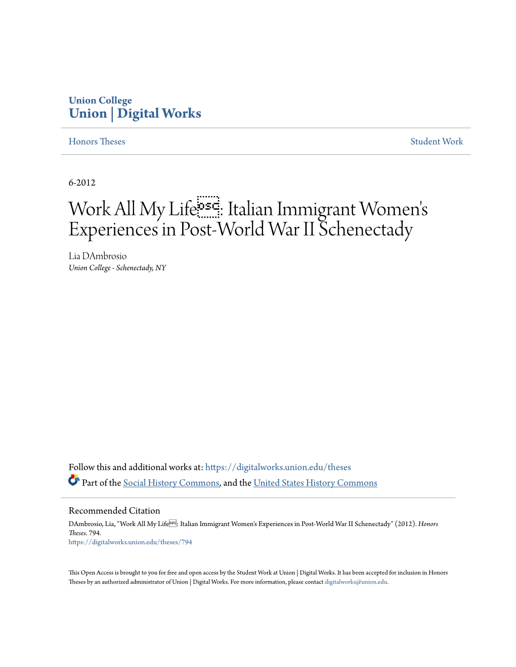 Work All My Life•: Italian Immigrant Women's Experiences in Post-World War II Schenectady