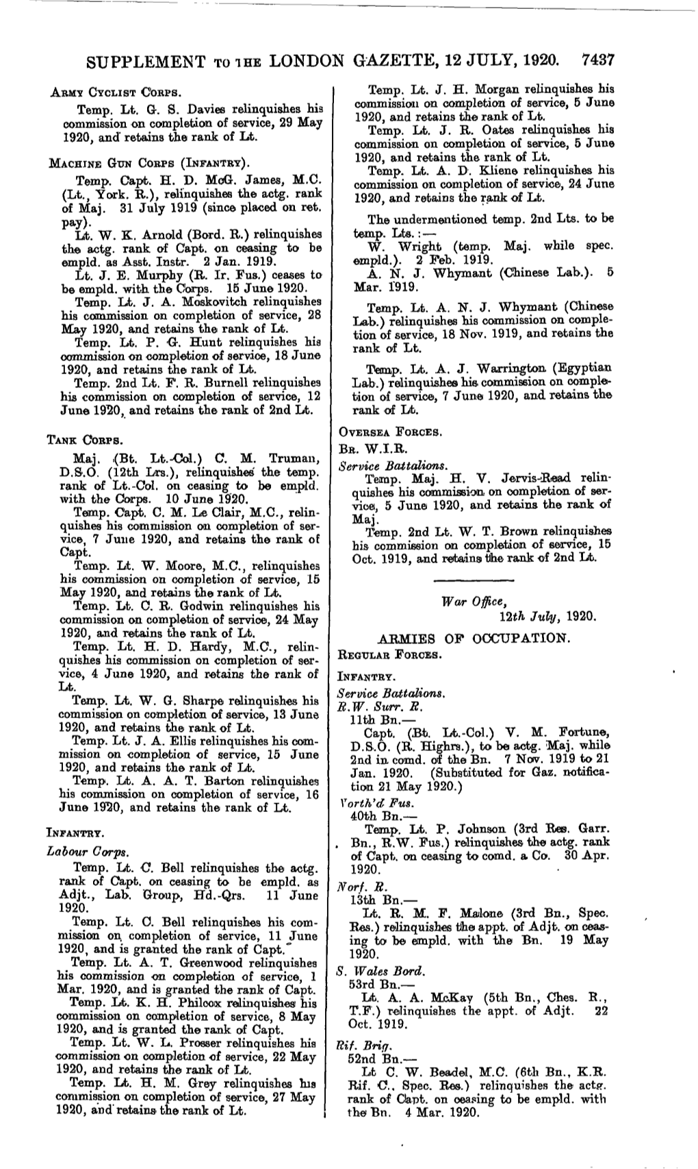 Supplement to the London Gazette, 12 July, 1920. 7437