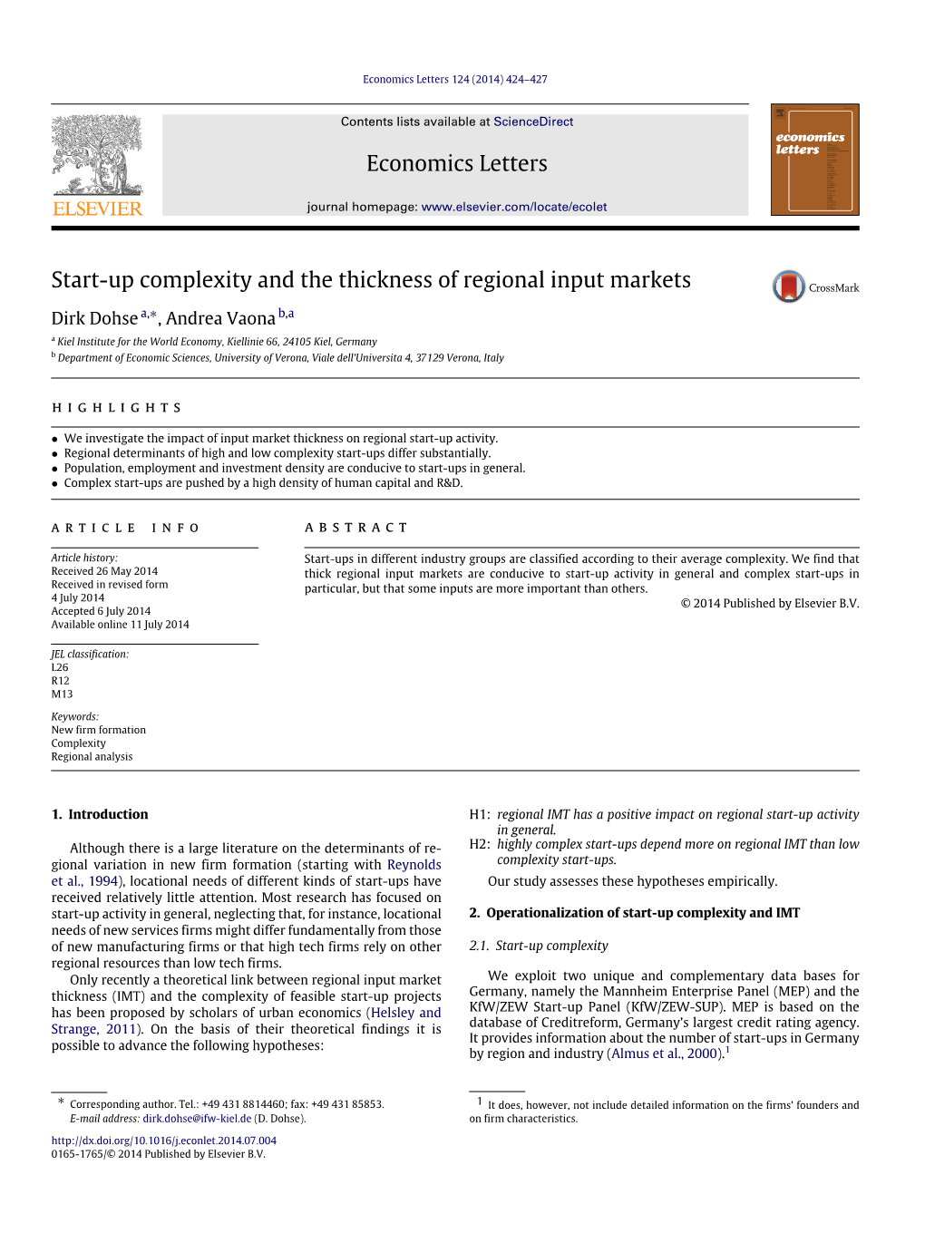 Start-Up Complexity and the Thickness of Regional Input Markets