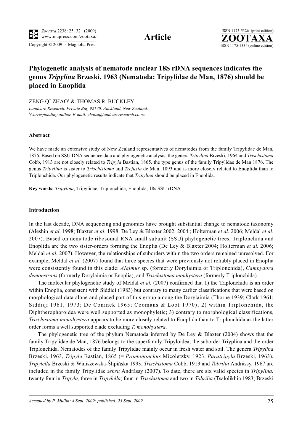 Zootaxa, Phylogenetic Analysis of Nematode Nuclear 18S Rdna