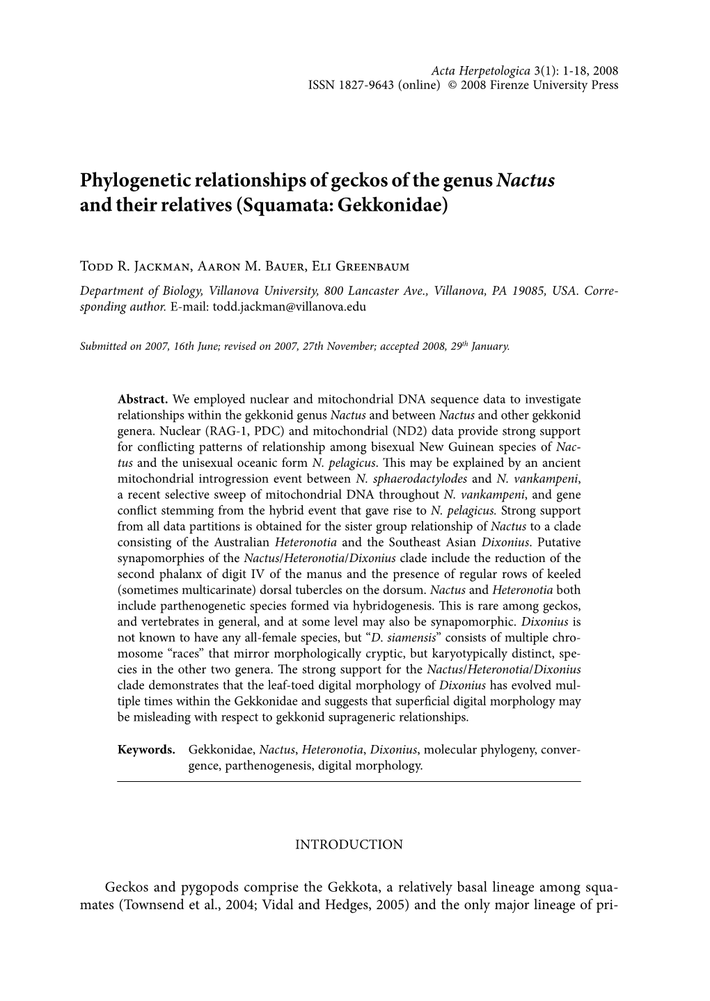 Phylogenetic Relationships of Geckos of the Genus Nactus and Their Relatives (Squamata: Gekkonidae)