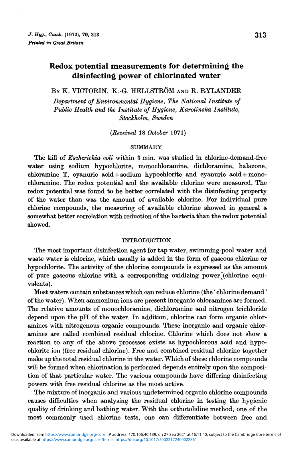 Redox Potential Measurements for Determining the Disinfecting Power of Chlorinated Water by K