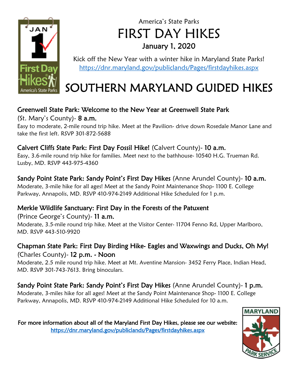 FIRST DAY HIKES January 1, 2020 Kick Off the New Year with a Winter Hike in Maryland State Parks!