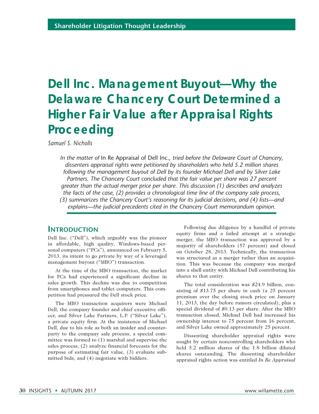 Dell Inc. Management Buyout—Why the Delaware Chancery Court Determined a Higher Fair Value After Appraisal Rights Proceeding Samuel S