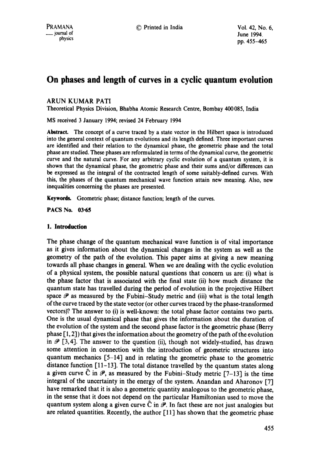 On Phases and Length of Curves in a Cyclic Quantum Evolution