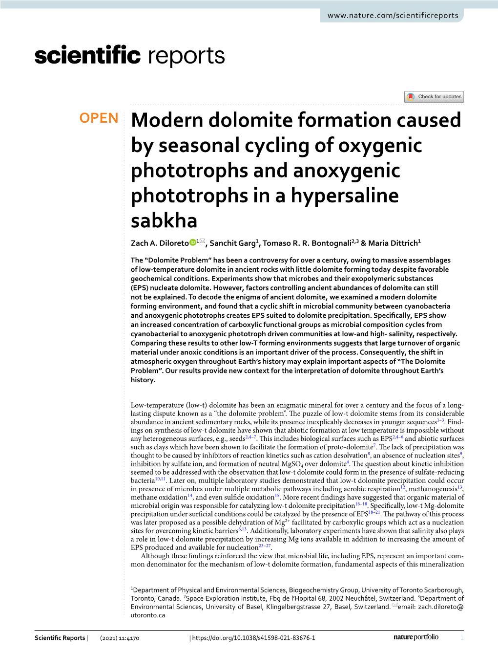 Modern Dolomite Formation Caused by Seasonal Cycling of Oxygenic Phototrophs and Anoxygenic Phototrophs in a Hypersaline Sabkha Zach A