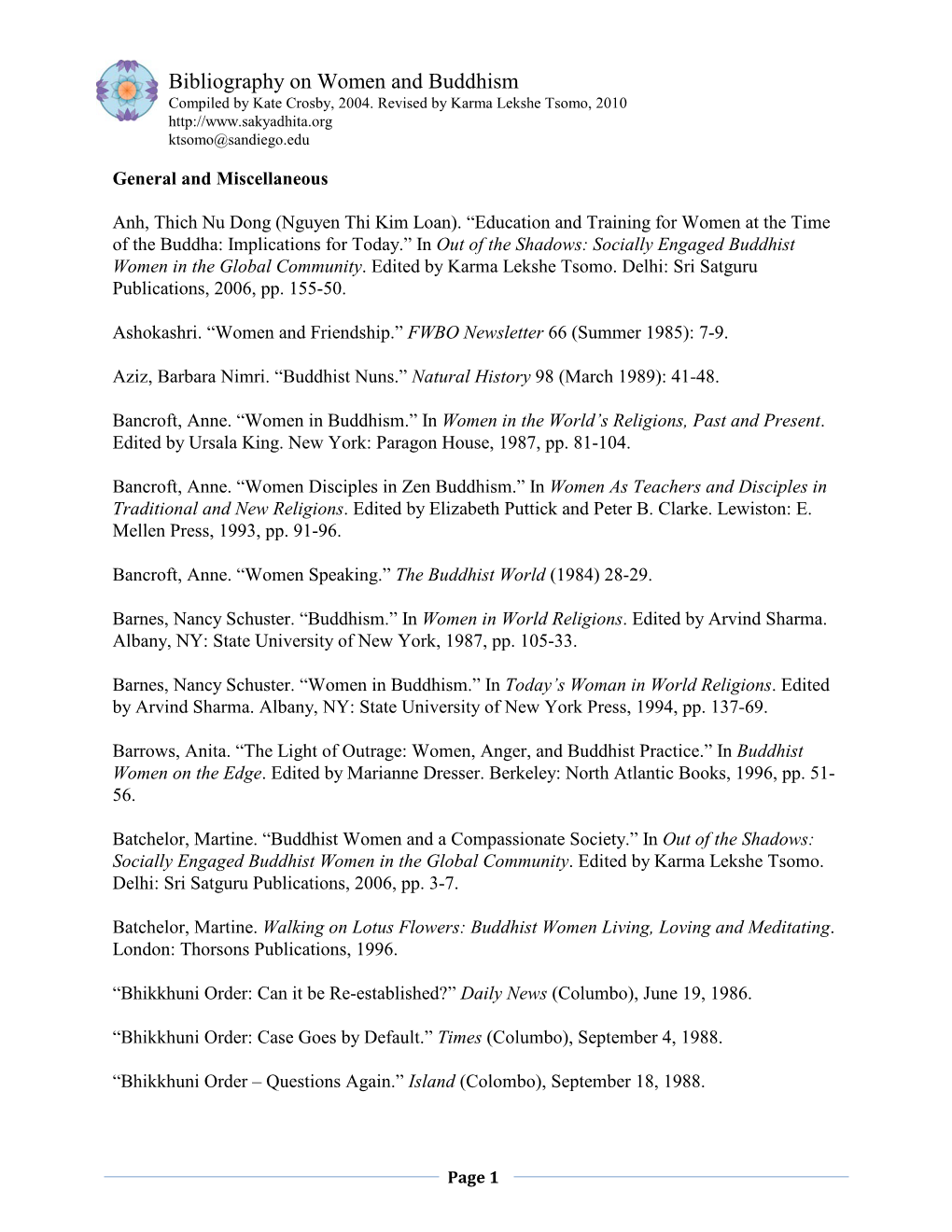 Bibliography on Women and Buddhism Compiled by Kate Crosby, 2004