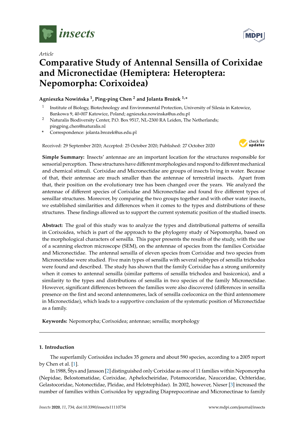 Comparative Study of Antennal Sensilla of Corixidae and Micronectidae (Hemiptera: Heteroptera: Nepomorpha: Corixoidea)