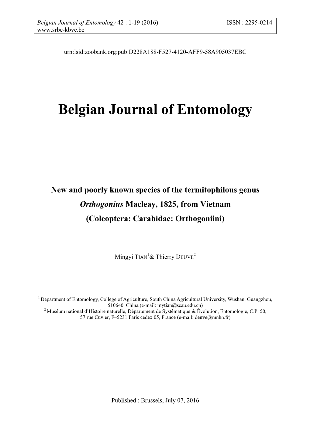 Belgian Journal of Entomology 42 : 1-19 (2016) ISSN : 2295-0214